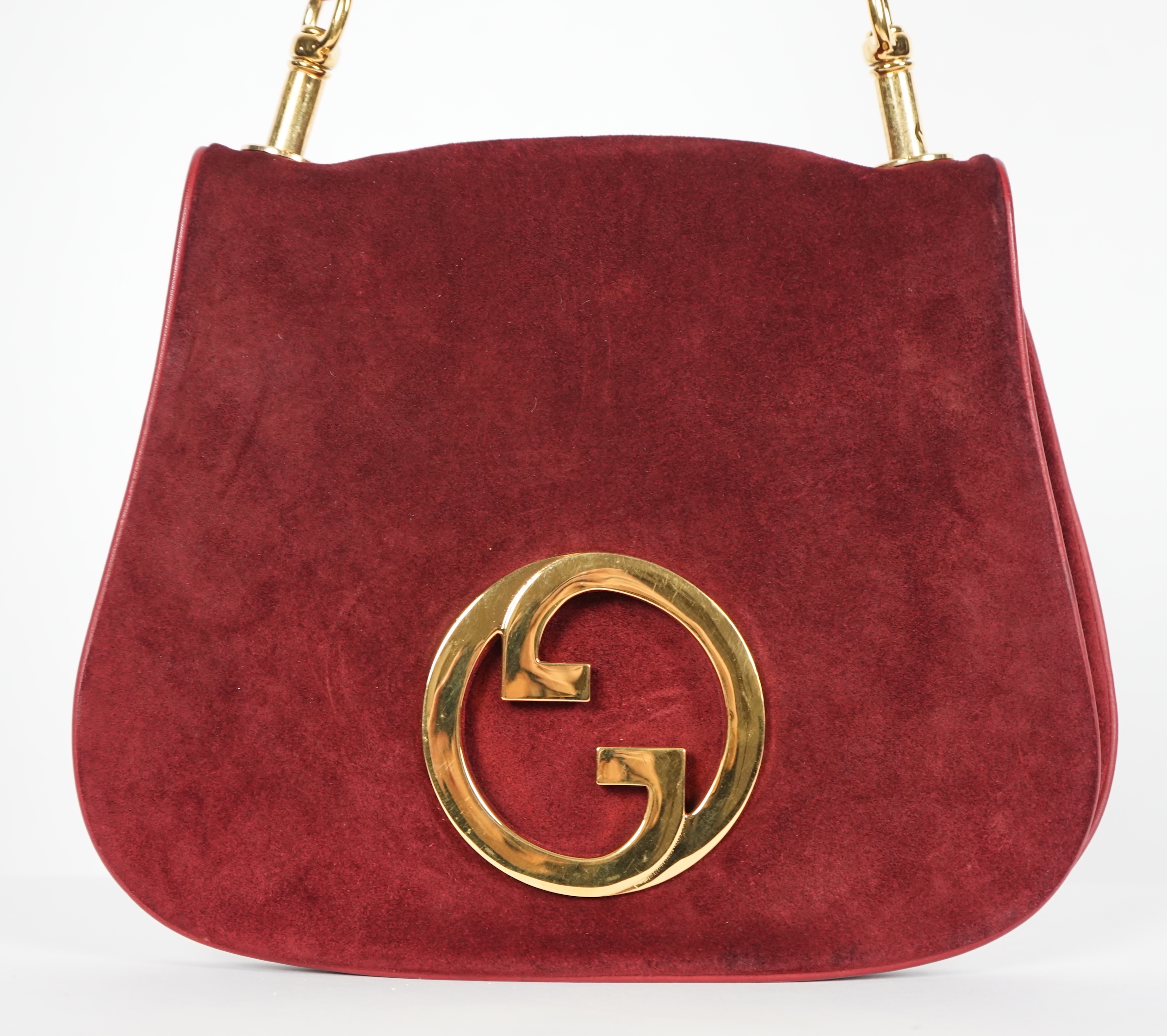 A vintage Gucci Blondie claret suede shoulder bag, width 29.5cm, max height 25cm, overall height 63cm to top buckle hole